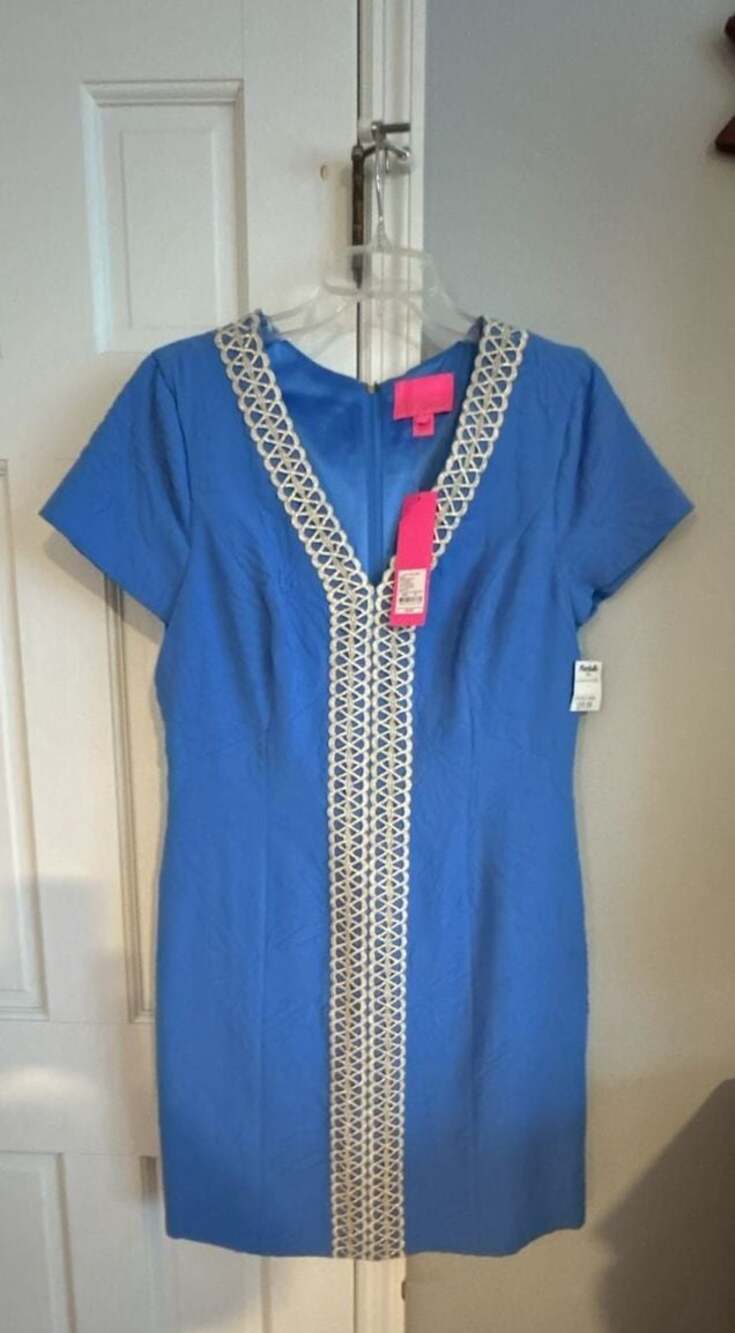 Lilly Pulitzer Arie Stretch Shift Mini Dress in Bennet Blue with Gold Trim